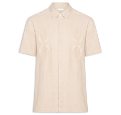 Camisa Masculina Manga Curta Linen Bordado - Bege