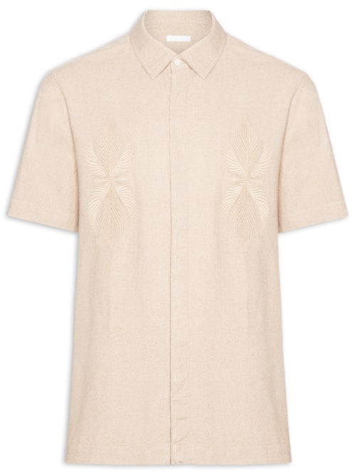 Camisa Masculina Manga Curta Linen Bordado - Bege