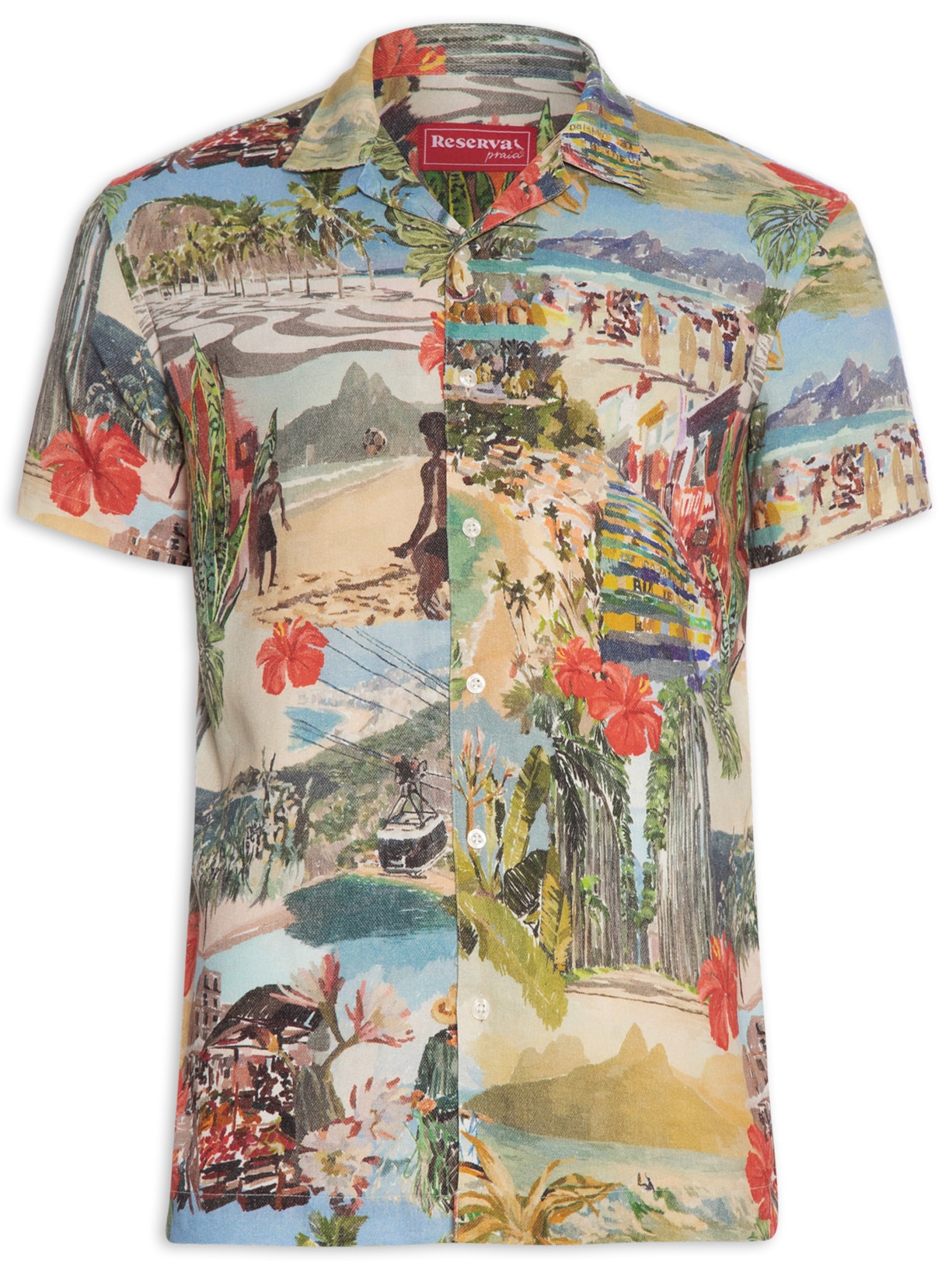 Camisa Masculina Manga Curta Linho Estampado Carioca - Azul