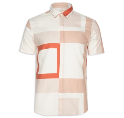 Camisa Masculina Manga Curta Linho Quadra - Bege 