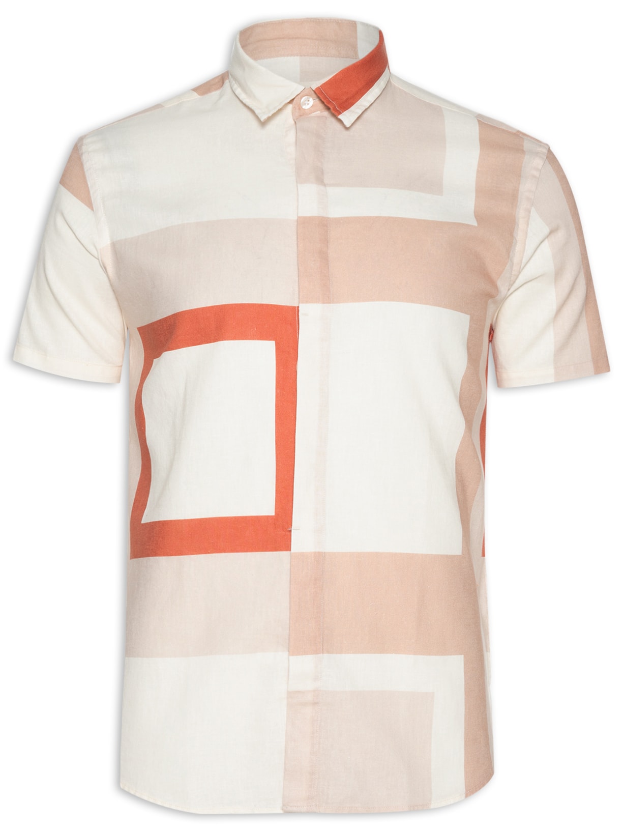 Camisa Masculina Manga Curta Linho Quadra - Bege