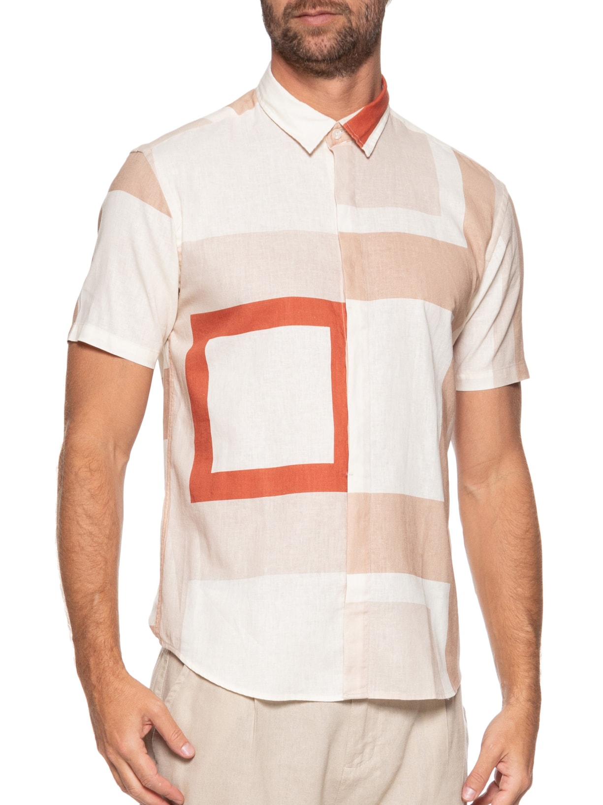 Camisa Masculina Manga Curta Linho Quadra Bege  Foxton