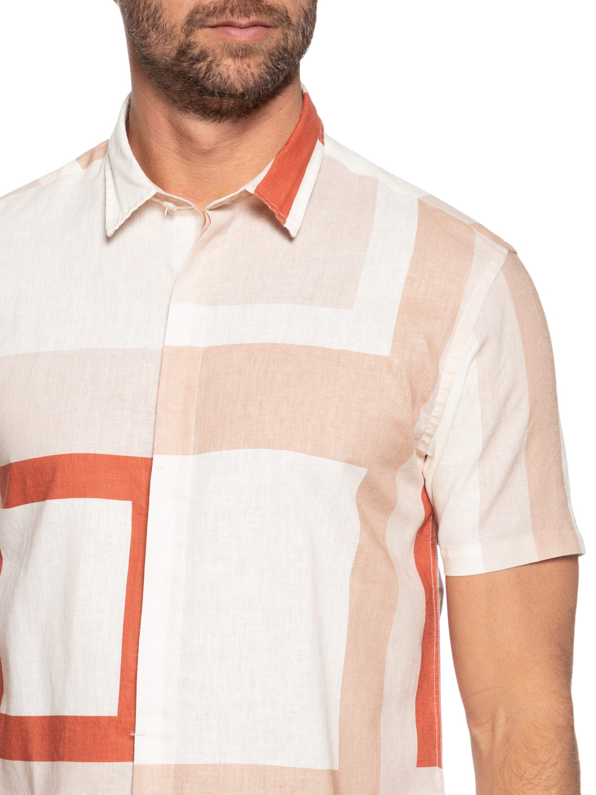 Camisa Masculina Manga Curta Linho Quadra Bege  Foxton