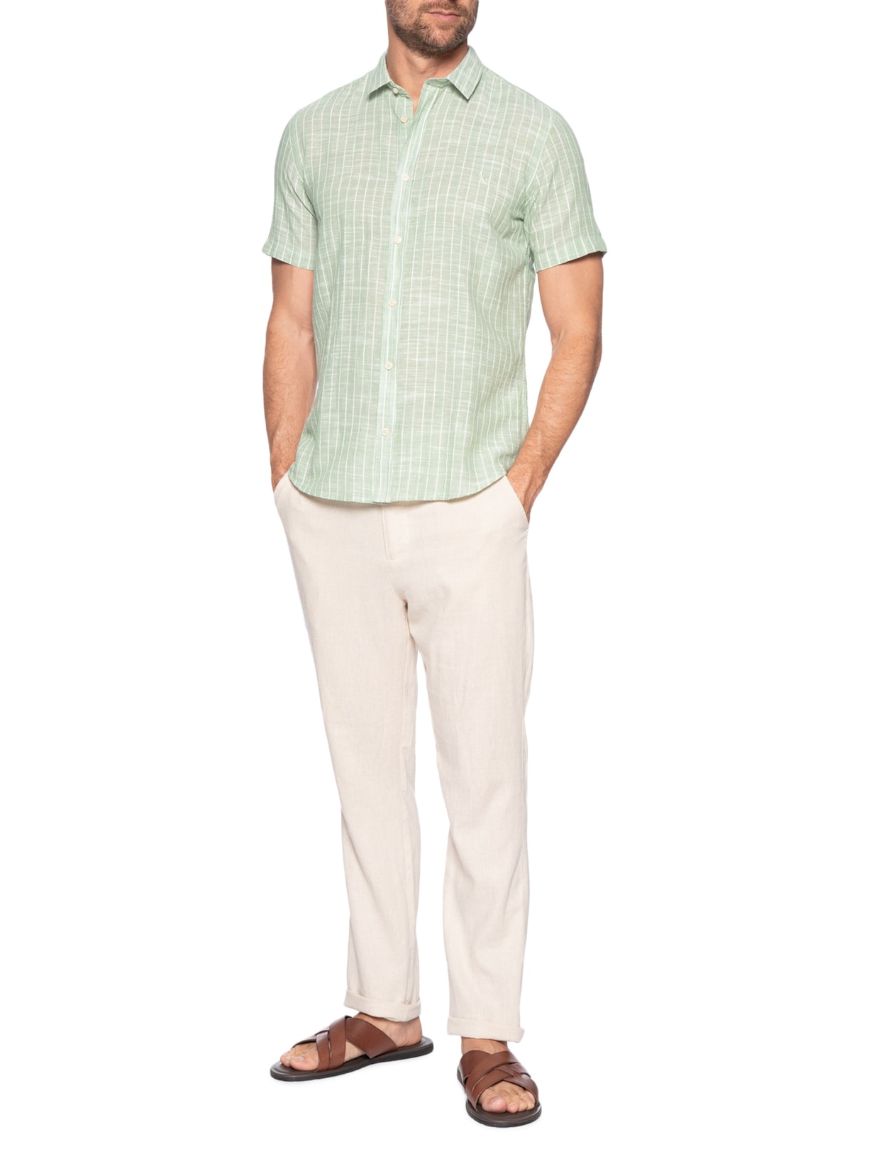 Camisa Masculina Manga Curta Linho Sun Verde Reserva