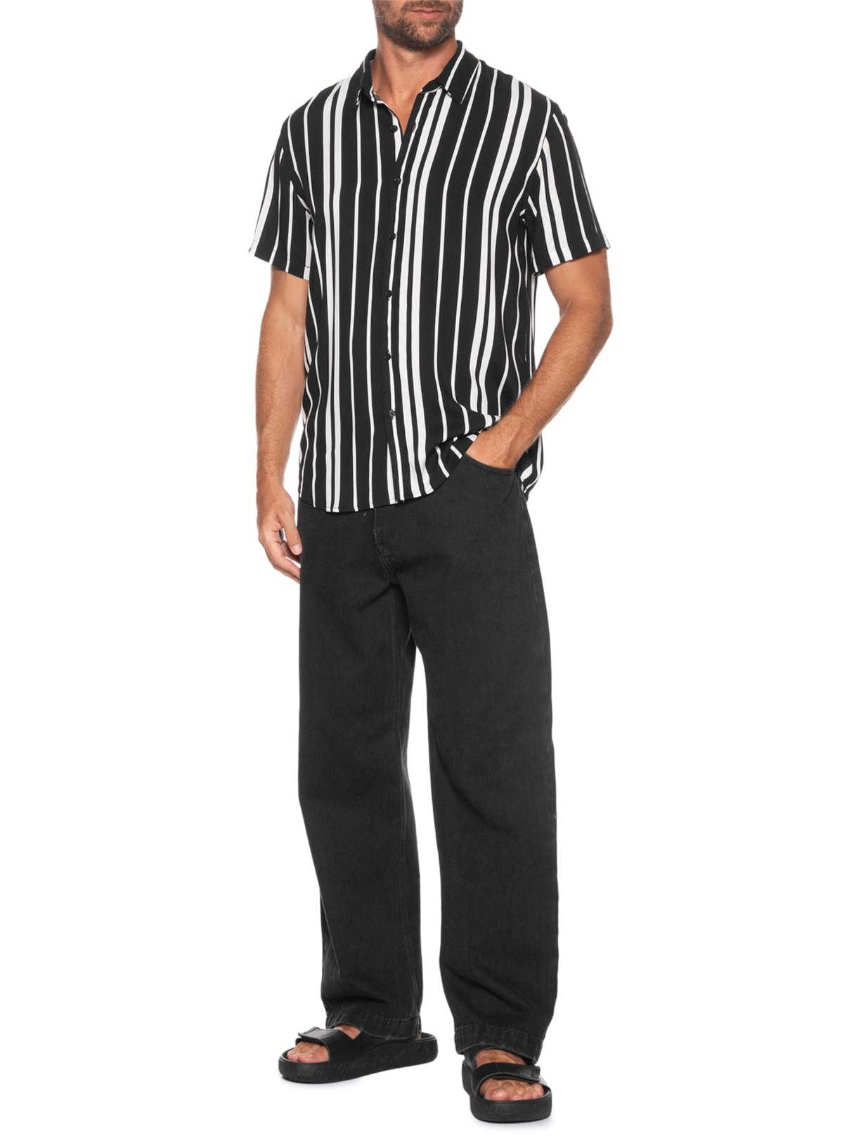 Camisa Masculina Manga Curta Listrada Preto Basiq Men