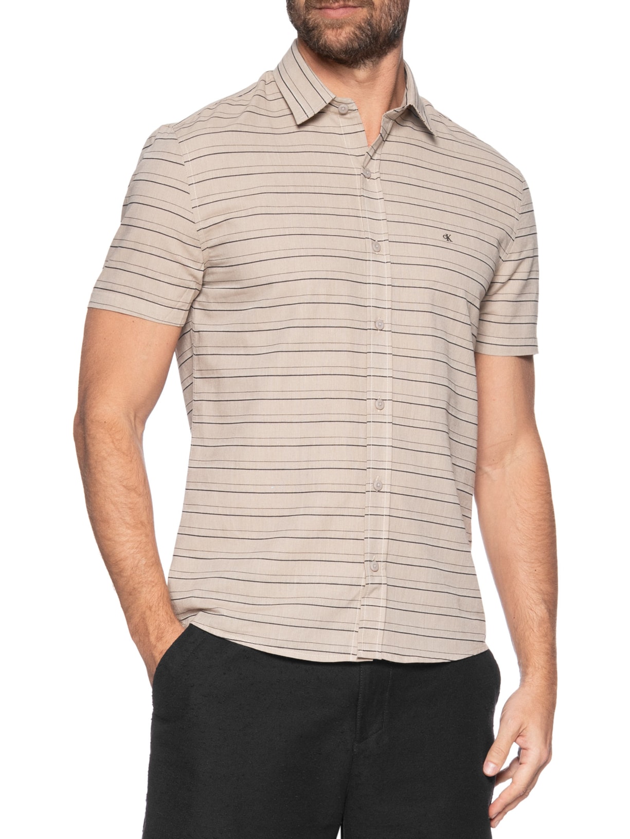 Camisa Masculina Manga Curta Listras Bege Calvin Klein Jeans