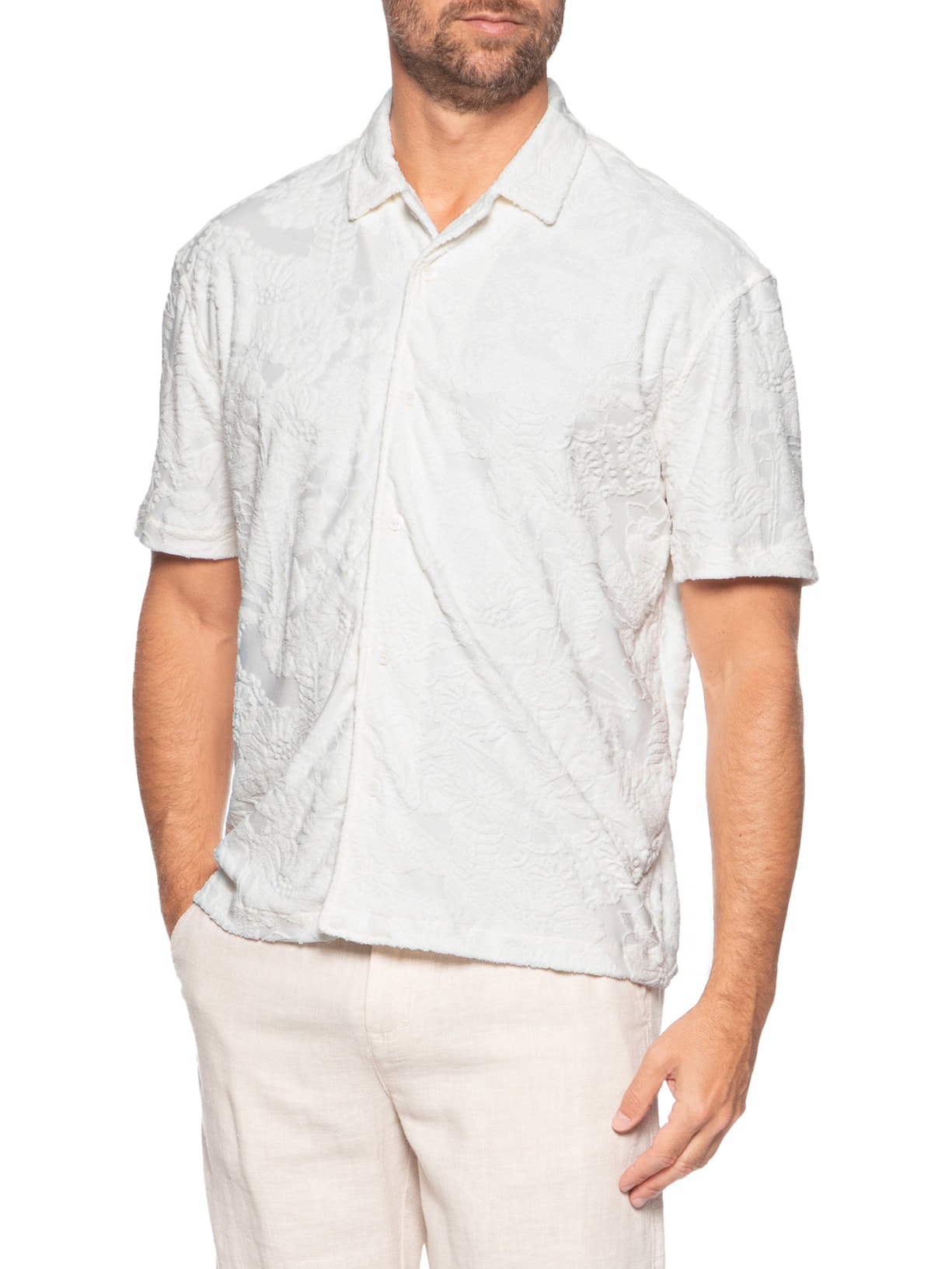 Camisa Masculina Manga Curta Nature Jacquard Atoalhado Branco Osklen