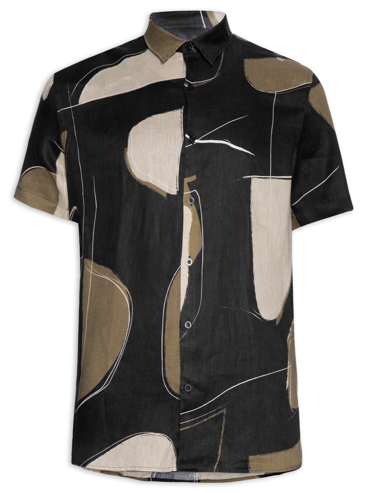 Camisa Masculina Manga Curta Puro Linho Abstracto - Preto