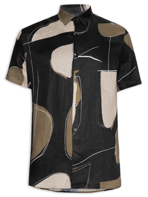 Camisa Masculina Manga Curta Puro Linho Abstracto - Preto
