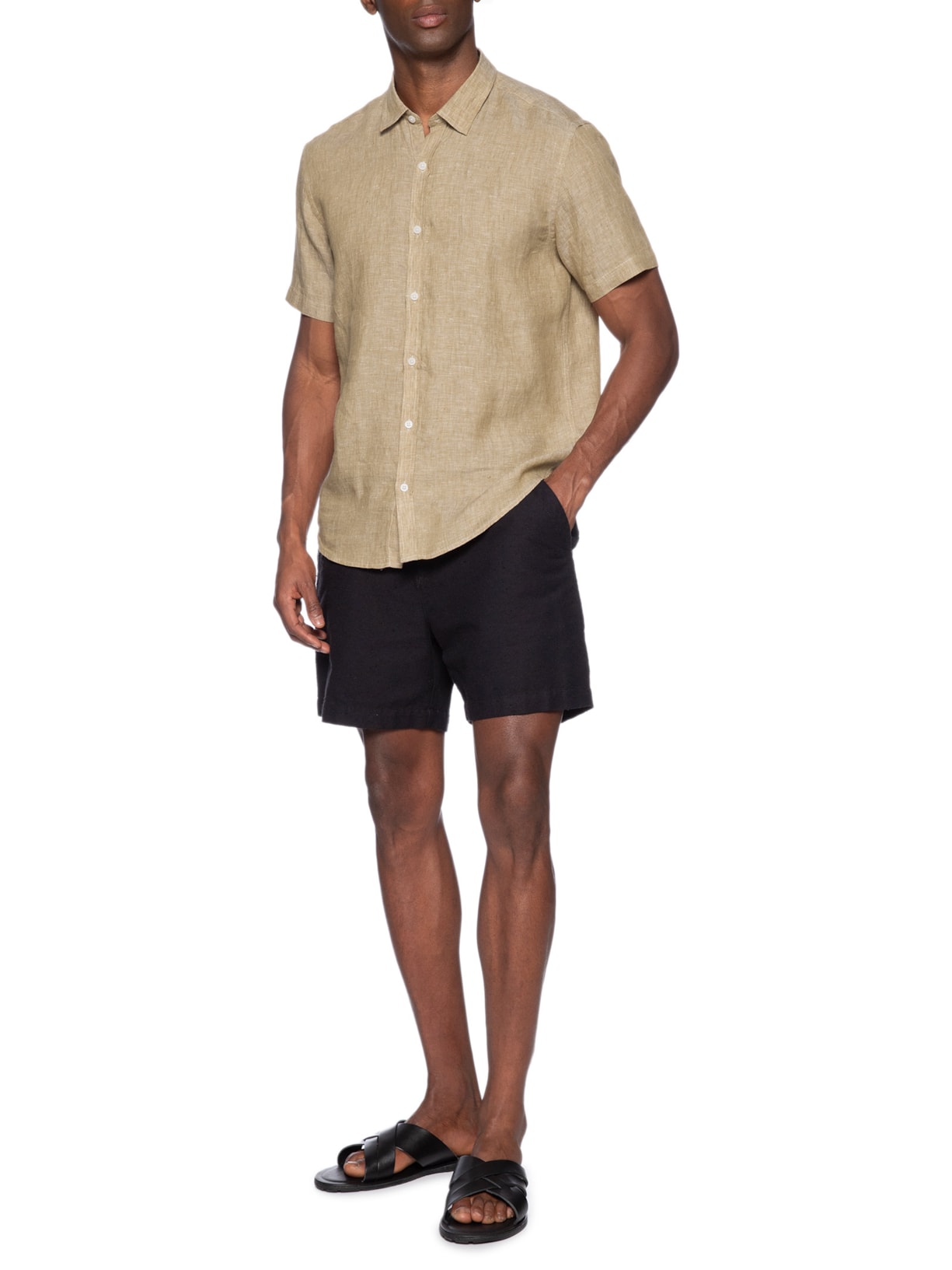 Camisa Masculina Manga Curta Puro Linho Estival Marrom Foxton