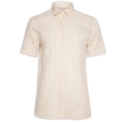 Camisa Masculina Manga Curta Puro Linho Listra Maldivas - Bege