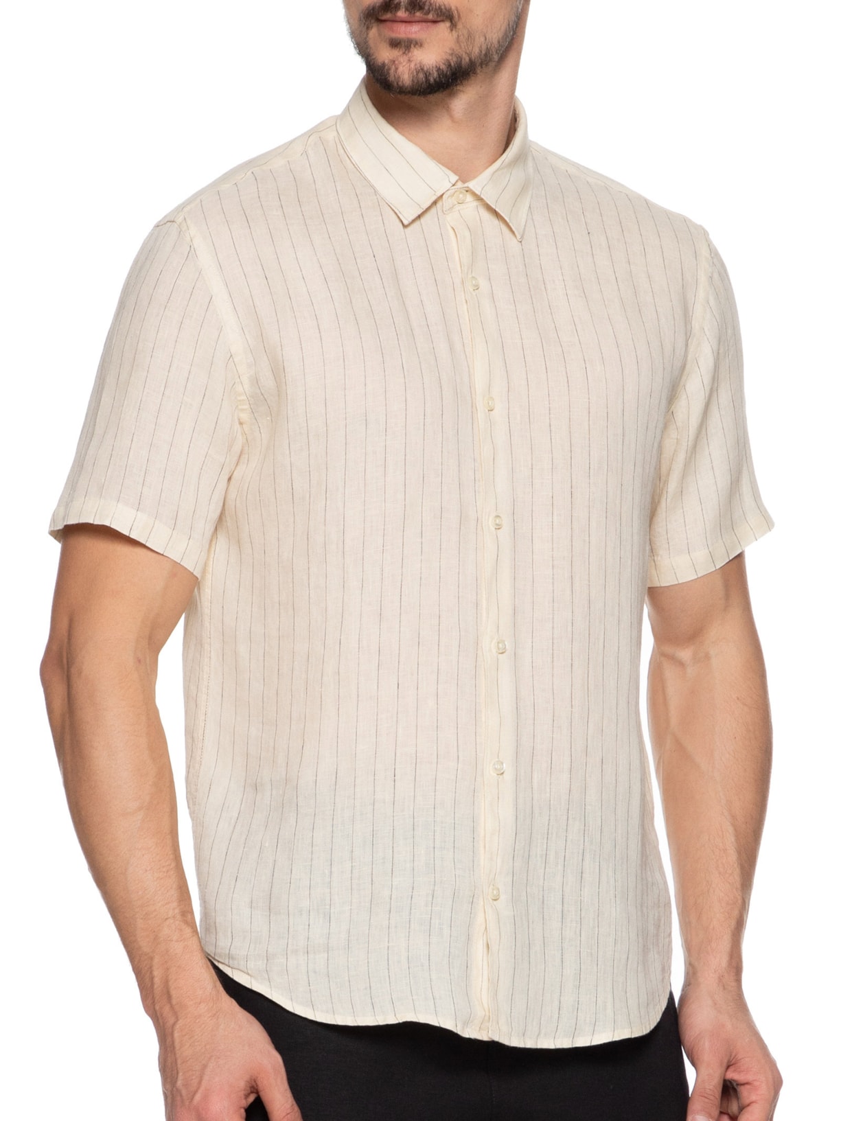 Camisa Masculina Manga Curta Puro Linho Listra Maldivas Bege Foxton