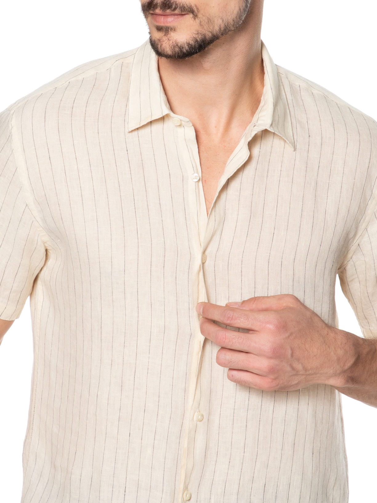 Camisa Masculina Manga Curta Puro Linho Listra Maldivas Bege Foxton