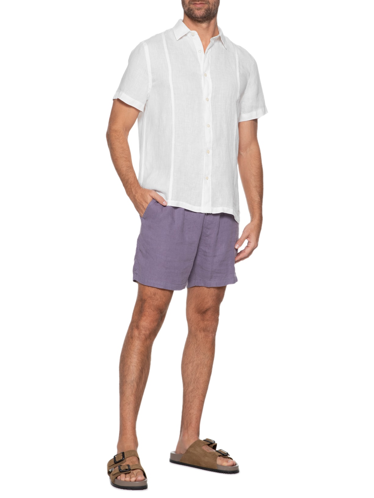 Camisa Masculina Manga Curta Puro Linho Nervura Off White Zapalla