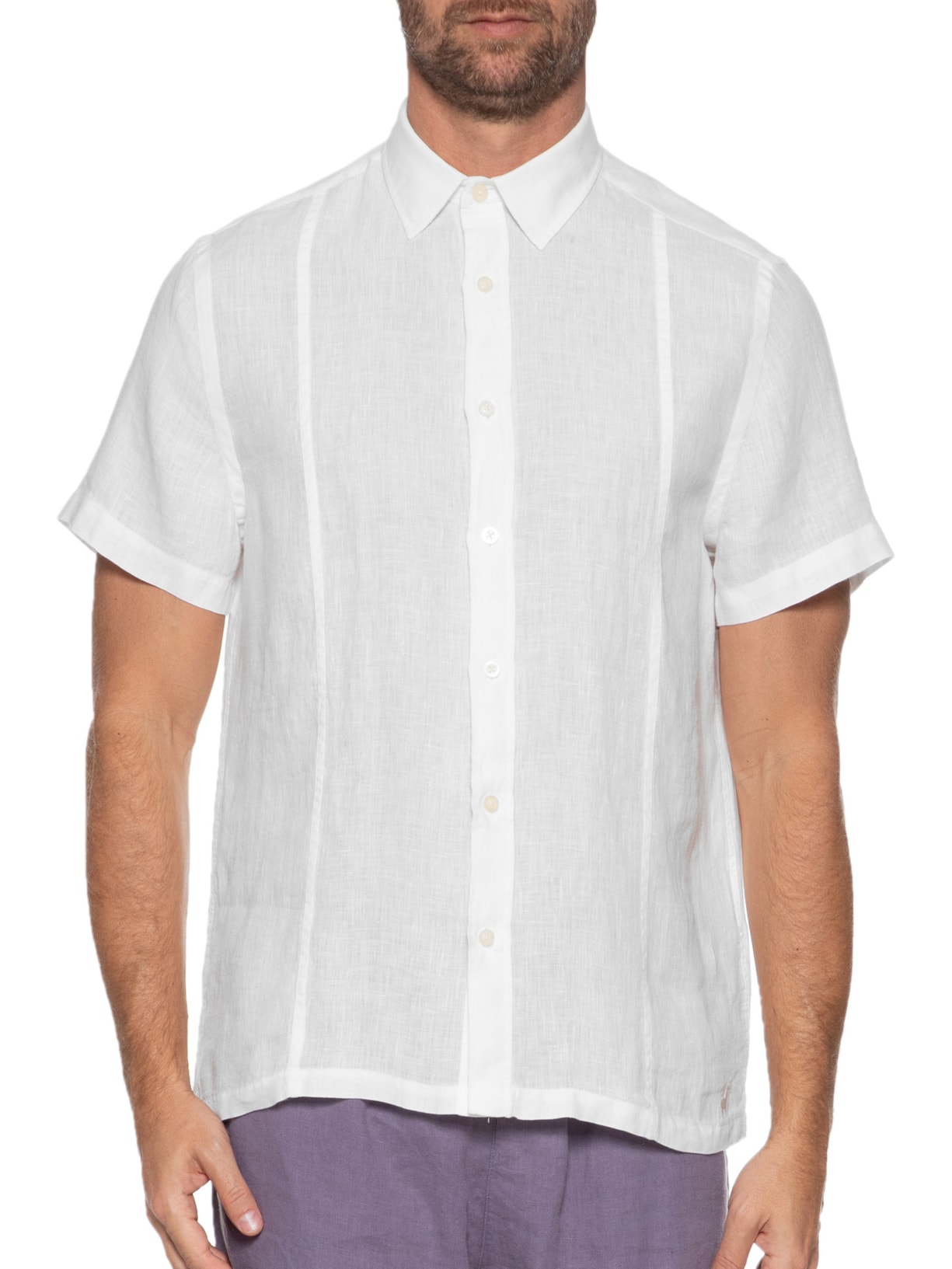 Camisa Masculina Manga Curta Puro Linho Nervura Off White Zapalla
