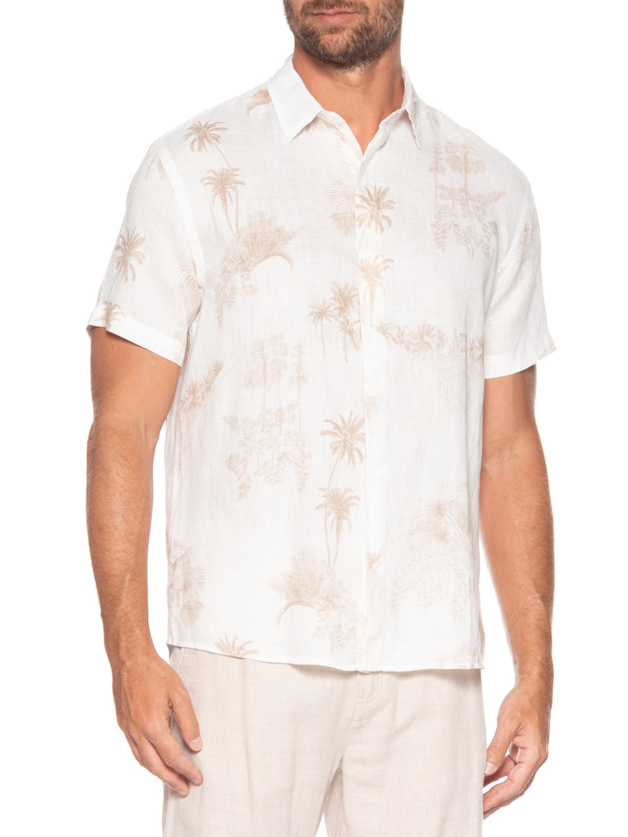 Camisa Masculina Manga Curta Puro Linho Off White Foxton