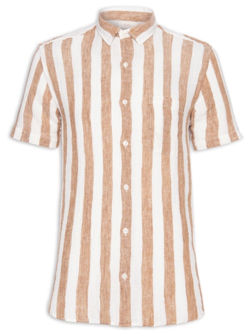 Camisa Masculina Manga Curta Puro Linho Stripe - Marrom