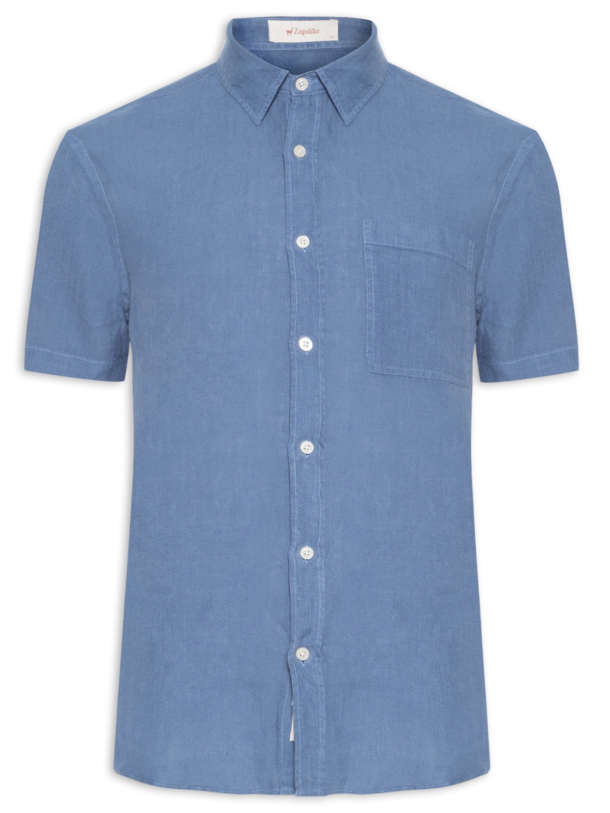Camisa Masculina Manga Curta Puro Linho Tinturado Bolso Azul Zapalla