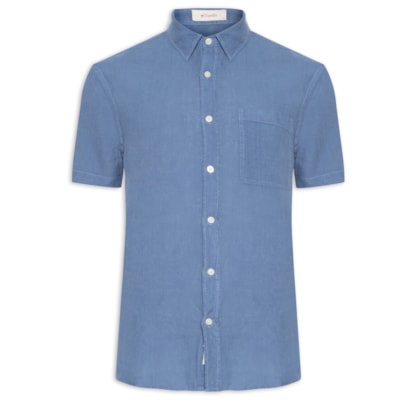 Camisa Masculina Manga Curta Puro Linho Tinturado Bolso - Azul