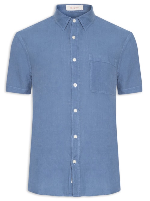 Camisa Masculina Manga Curta Puro Linho Tinturado Bolso - Azul