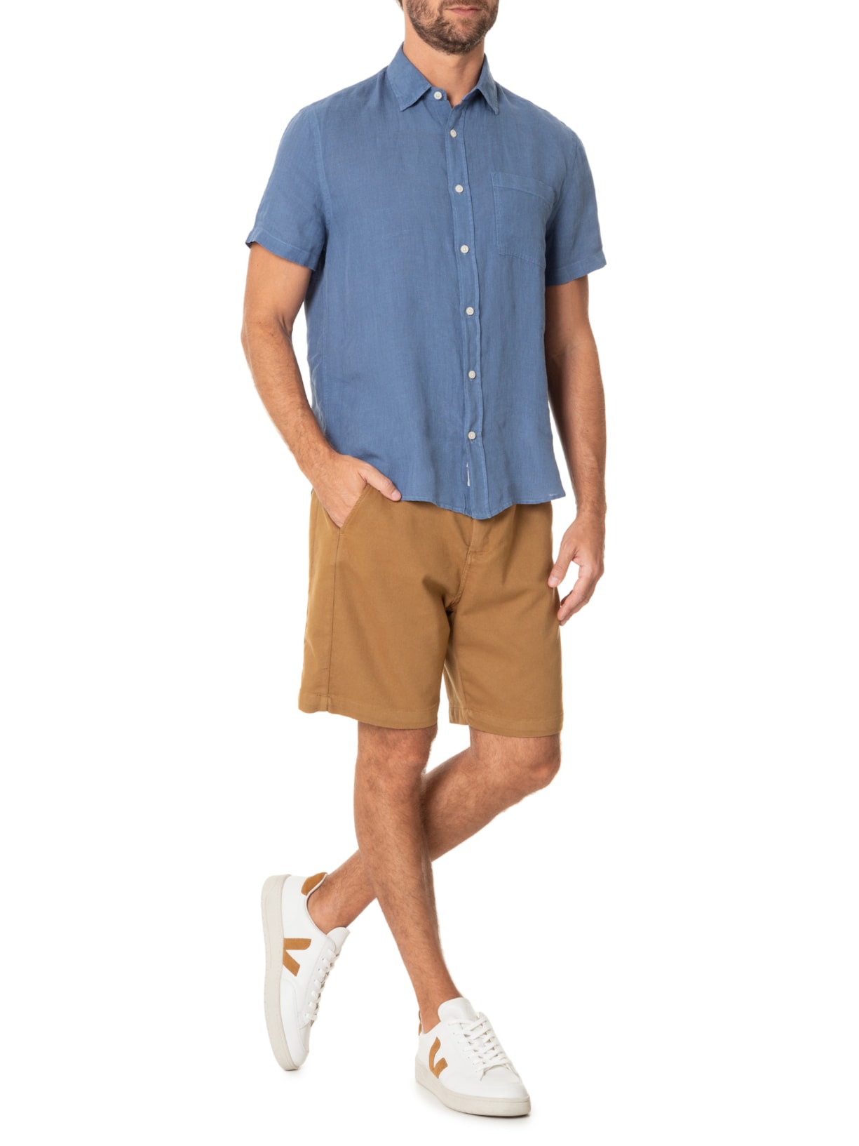 Camisa Masculina Manga Curta Puro Linho Tinturado Bolso Azul Zapalla