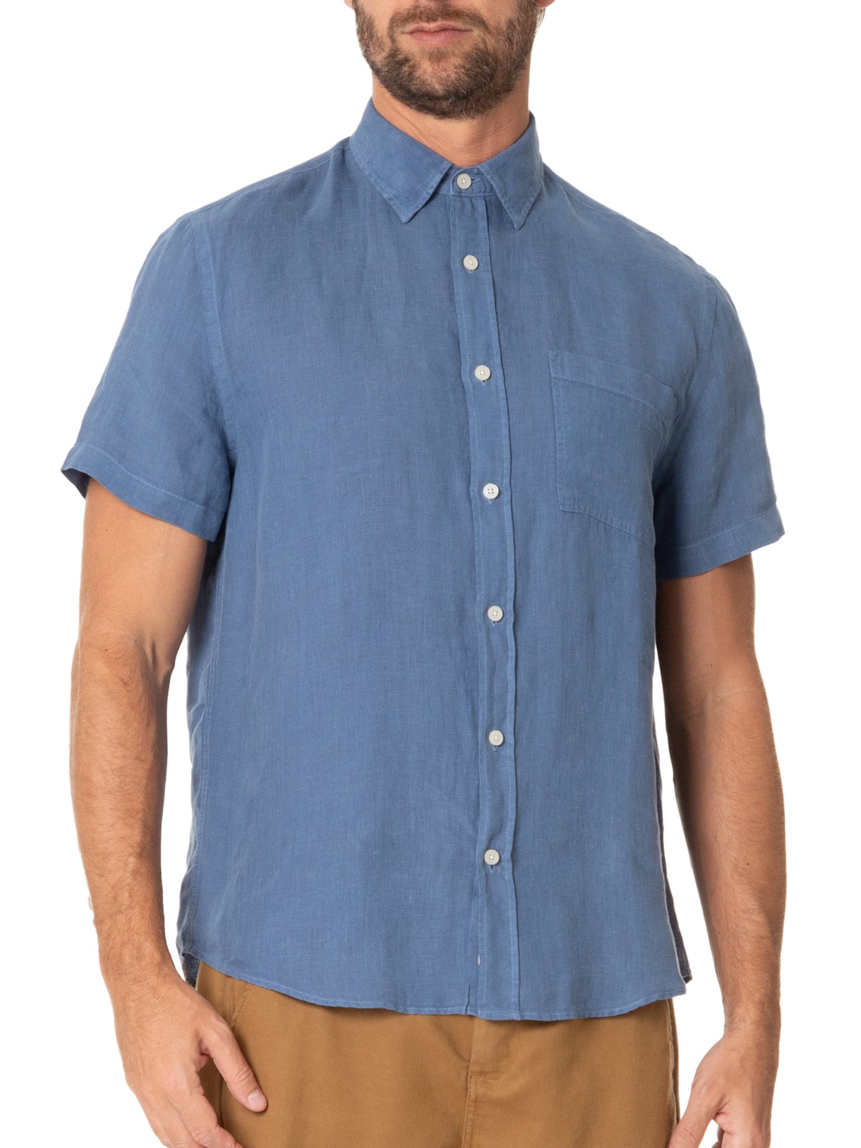 Camisa Masculina Manga Curta Puro Linho Tinturado Bolso Azul Zapalla