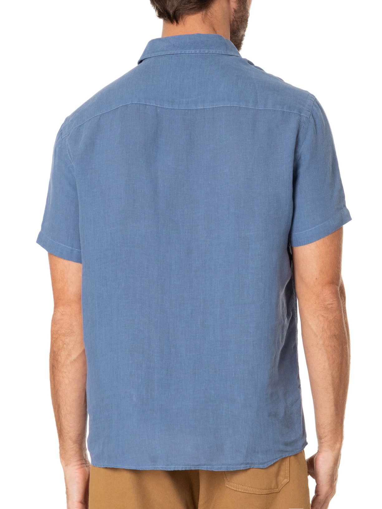 Camisa Masculina Manga Curta Puro Linho Tinturado Bolso Azul Zapalla