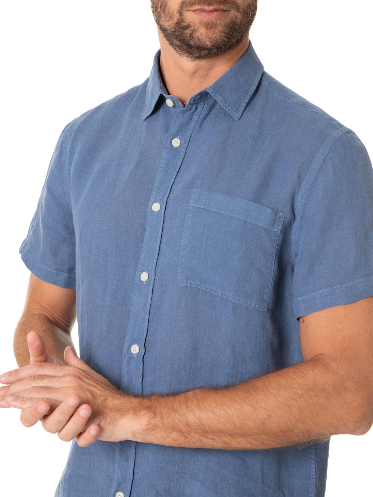 Camisa Masculina Manga Curta Puro Linho Tinturado Bolso Azul Zapalla