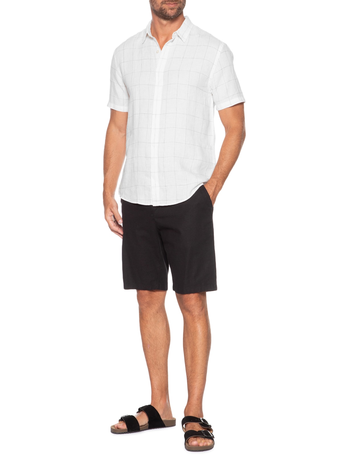 Camisa Masculina Manga Curta Puro Linho Xadrez Egeu Branco Foxton