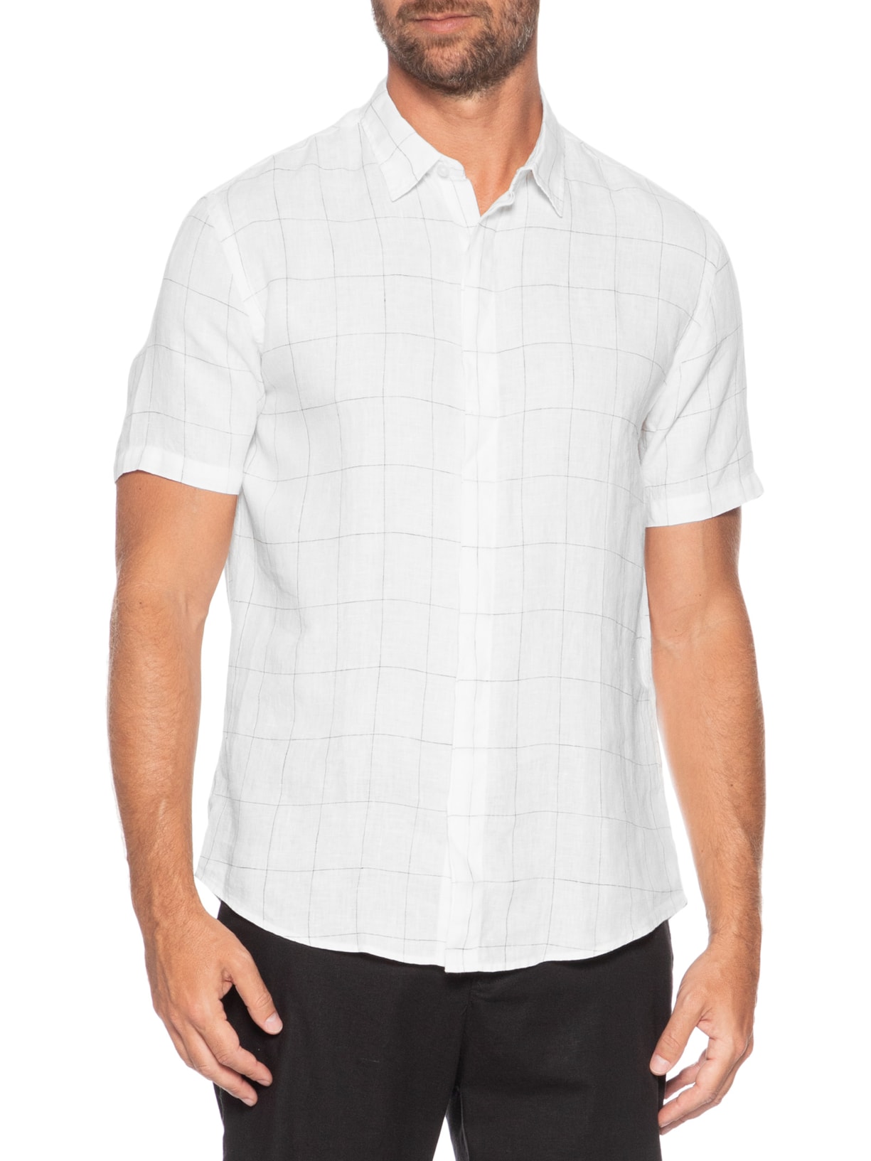Camisa Masculina Manga Curta Puro Linho Xadrez Egeu Branco Foxton
