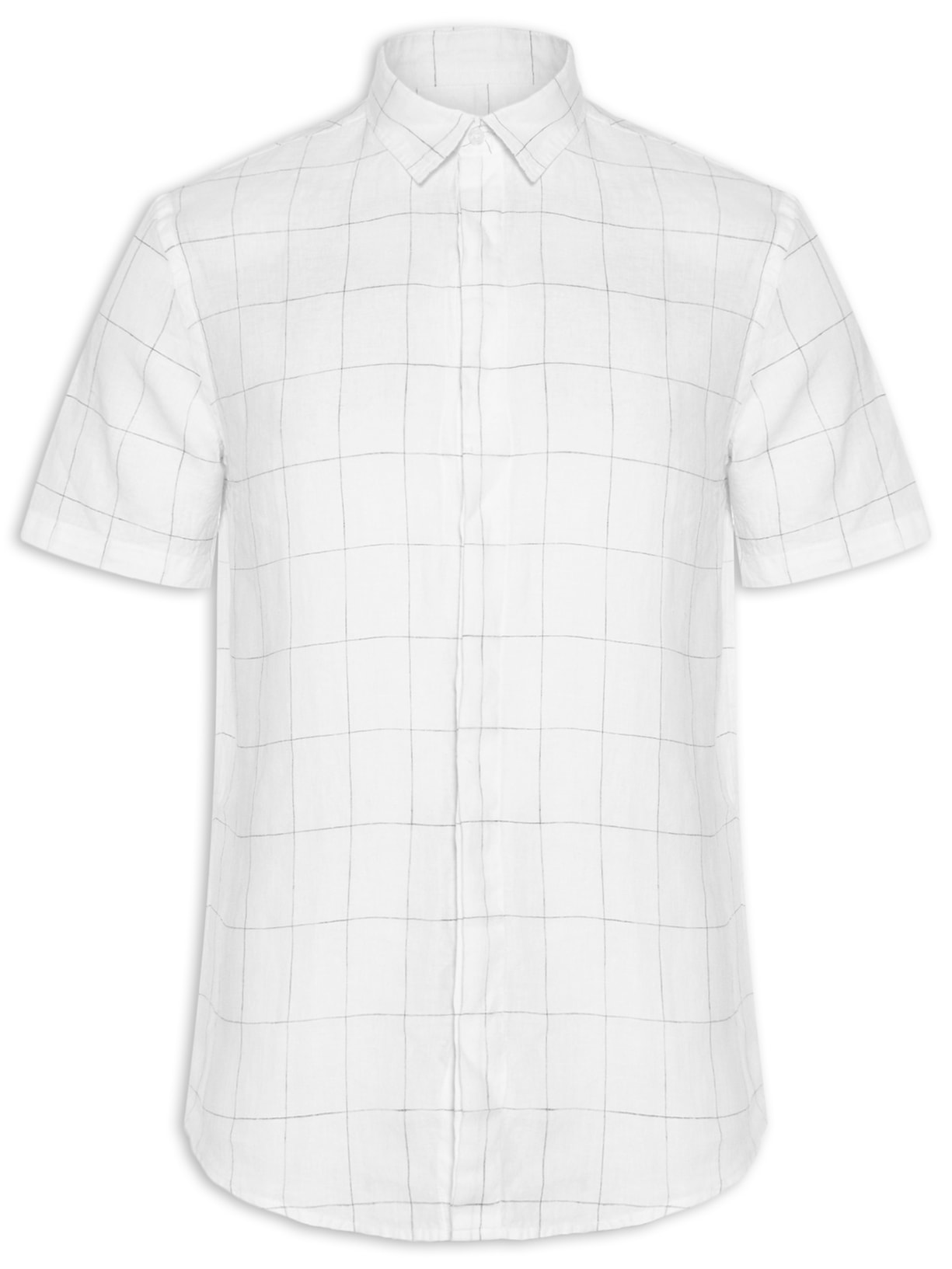 Camisa Masculina Manga Curta Puro Linho Xadrez Egeu - Branco
