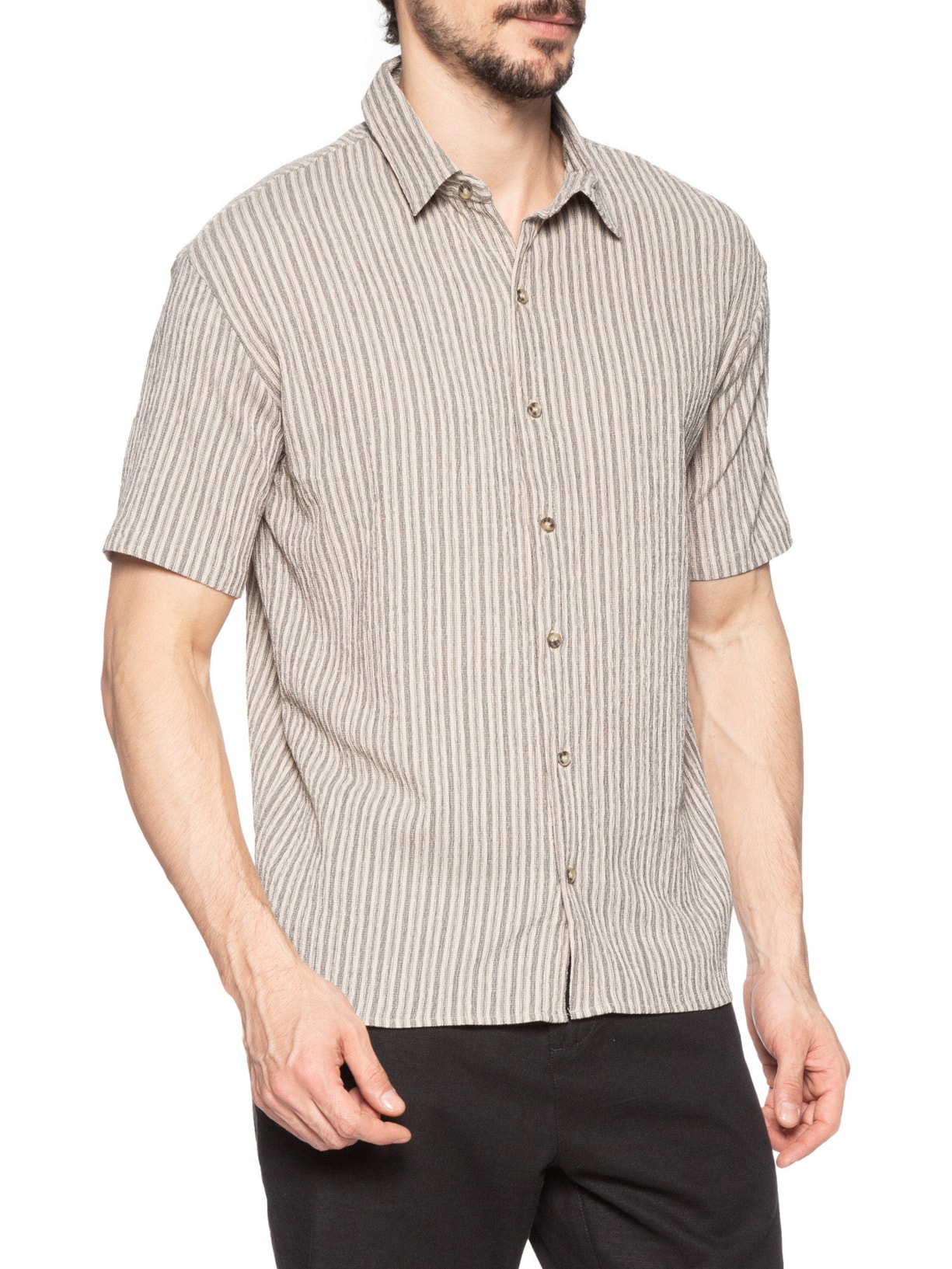 Camisa Masculina Manga Curta Texturizada Bege Basiq Men