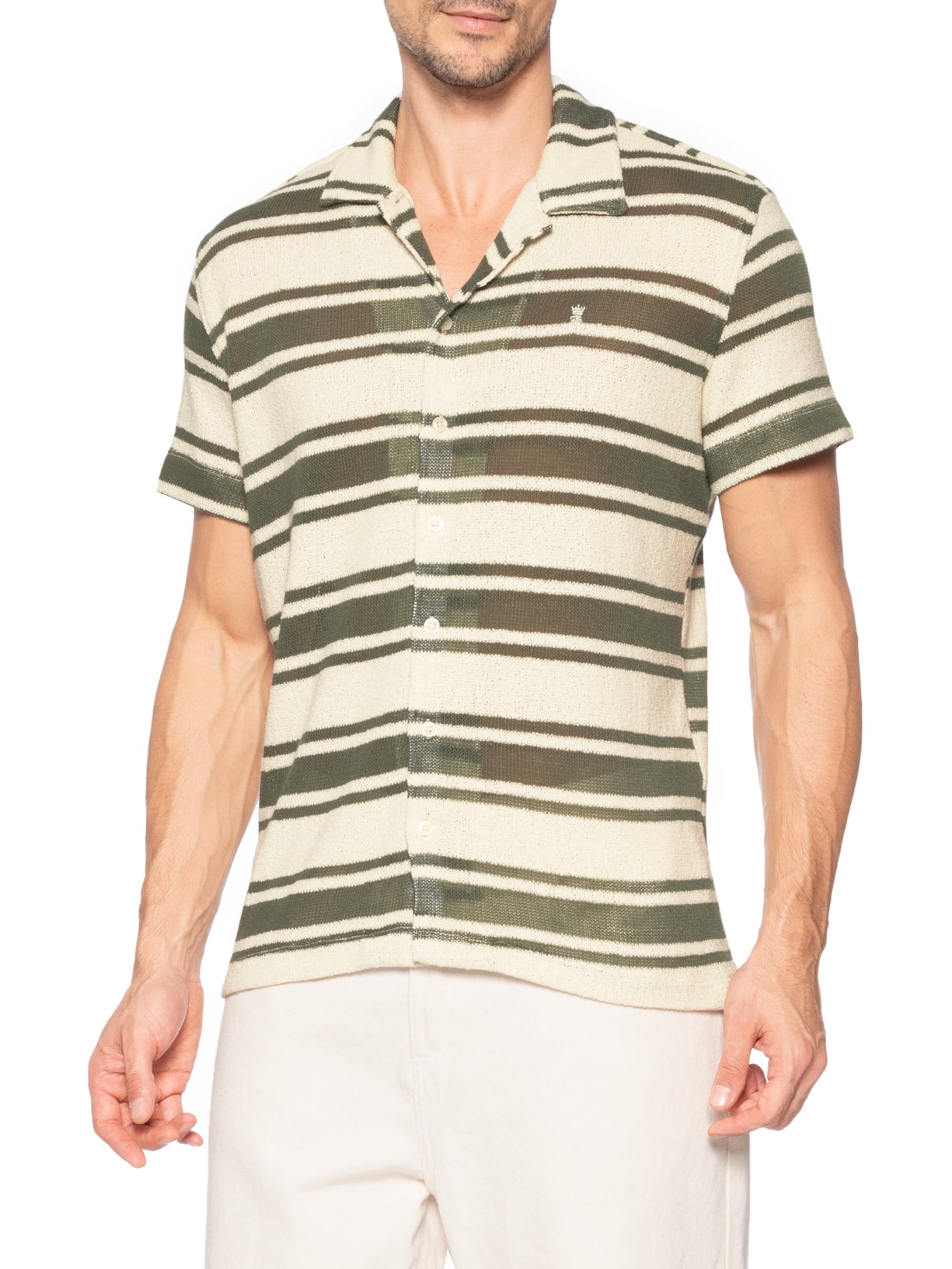 Camisa Masculina Manga Curta Tricot Maxi Listras Verde Sergio K