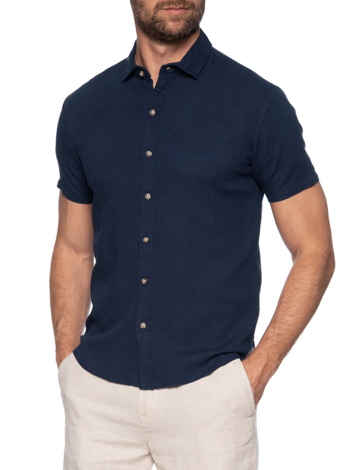 Camisa Masculina Manga Curta Viscolinho Azul Basiq Men