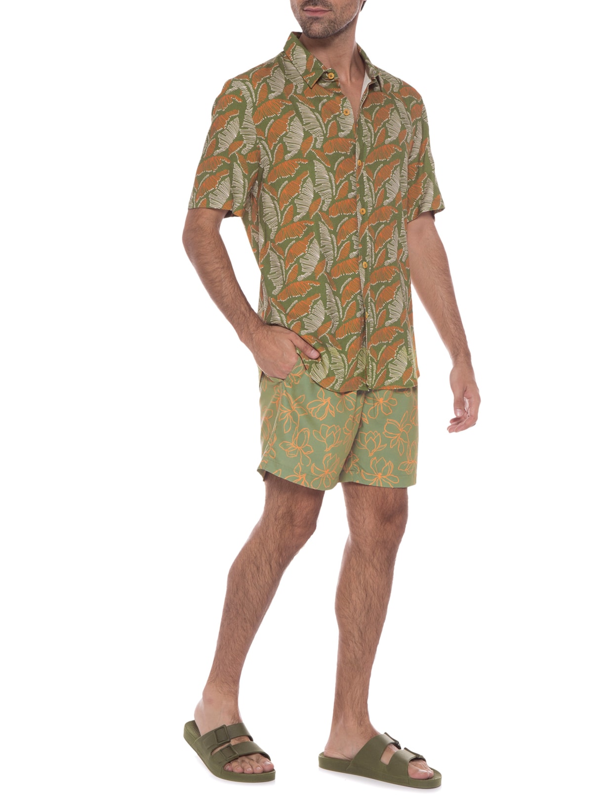 Camisa Masculina Manga Curta Viscolinho Estampada Folhas Verde Barche