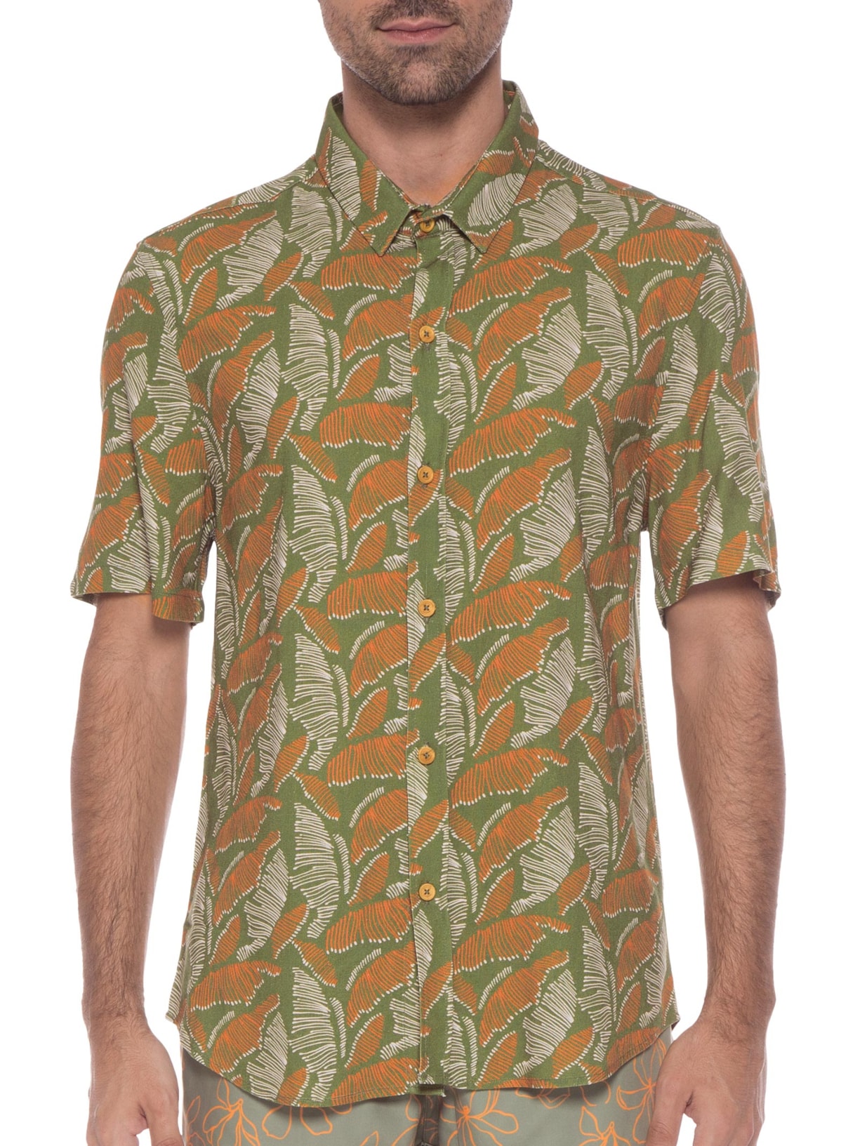 Camisa Masculina Manga Curta Viscolinho Estampada Folhas Verde Barche