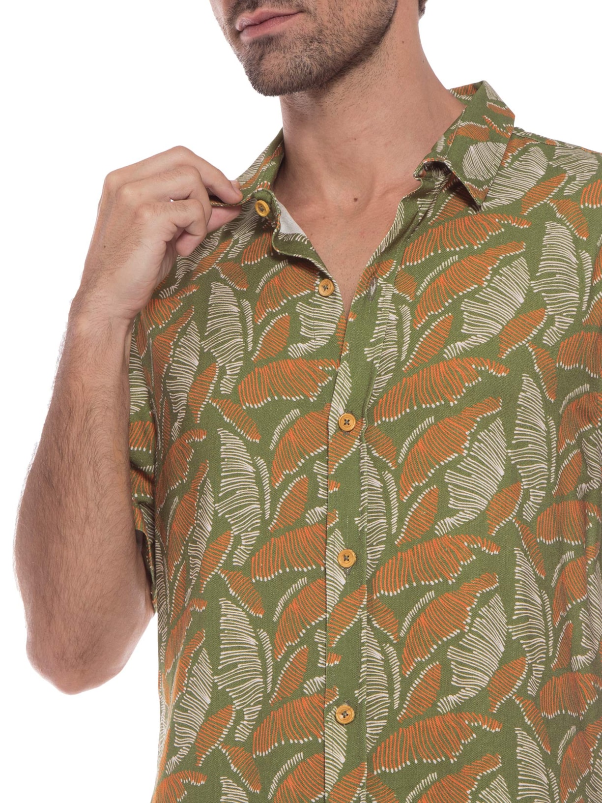 Camisa Masculina Manga Curta Viscolinho Estampada Folhas Verde Barche