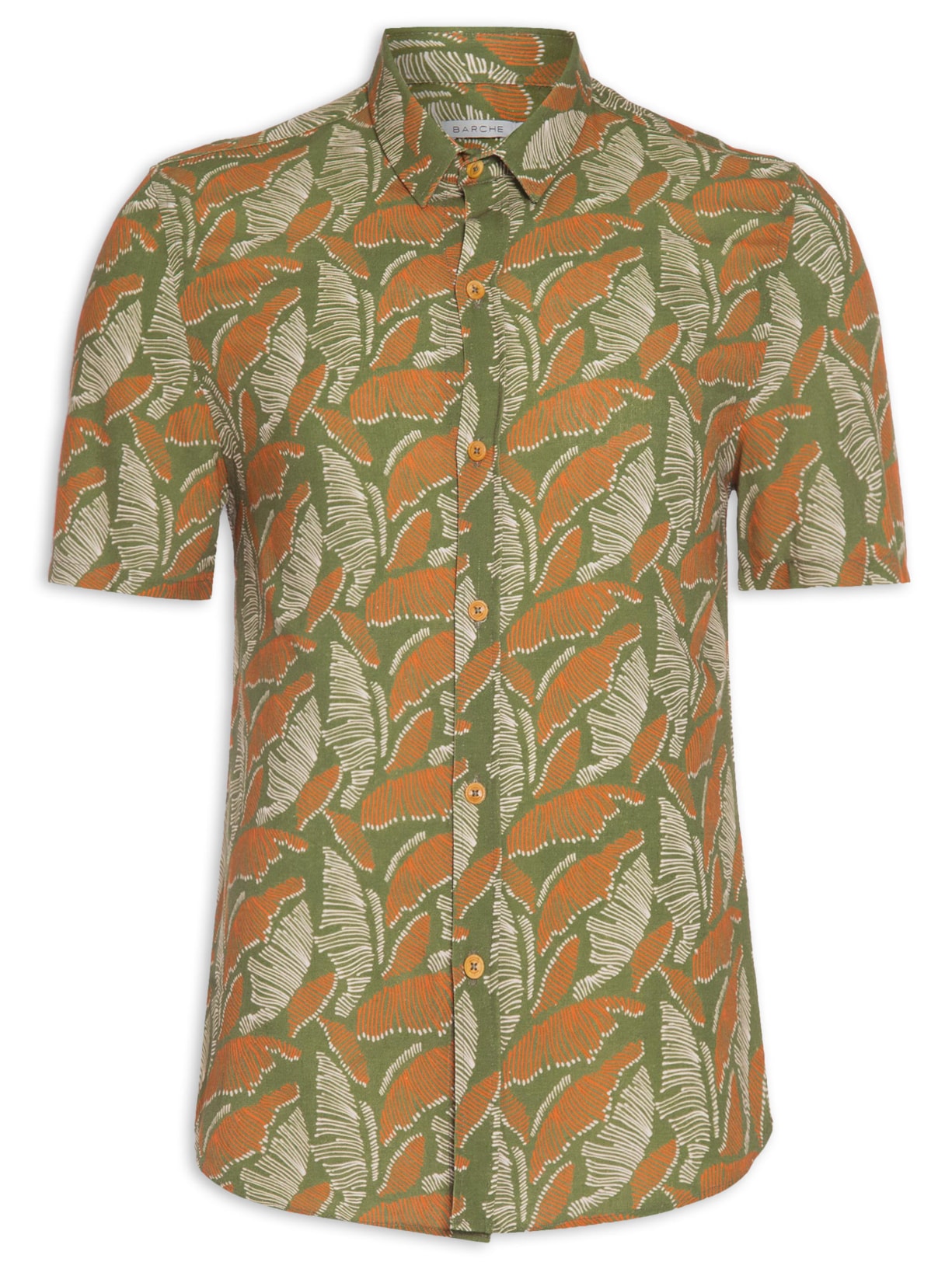 Camisa Masculina Manga Curta Viscolinho Estampada Folhas Verde Barche