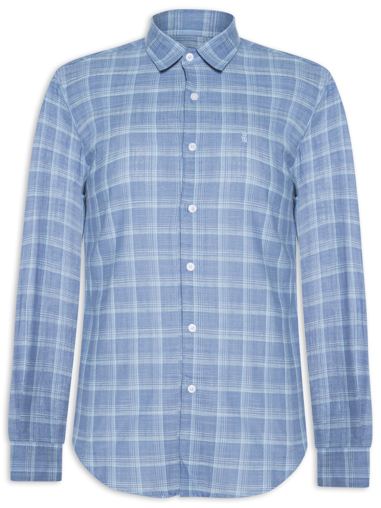 Camisa Masculina Manga Longa Algodão Slub Xadrez - Azul