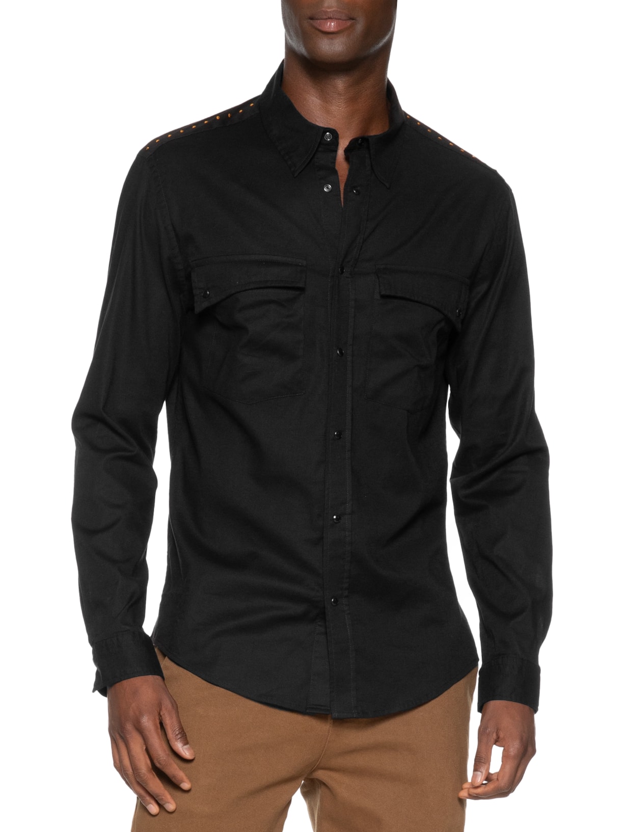 Camisa Masculina Manga Longa Bordado Tacha Preto Osklen
