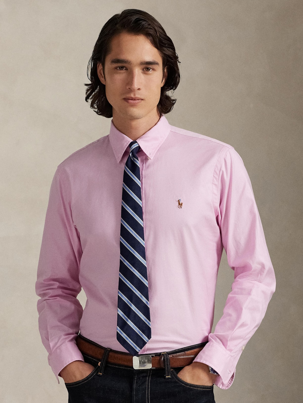 Camisa Masculina Manga Longa Classic Logo Rosa Polo Ralph Lauren