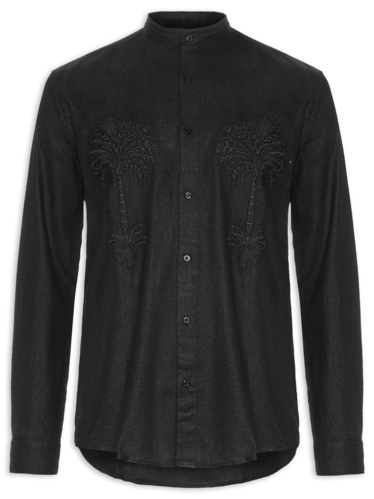 Camisa Masculina Manga Longa Colarless Bordado - Preto