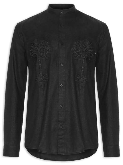 Camisa Masculina Manga Longa Colarless Bordado - Preto