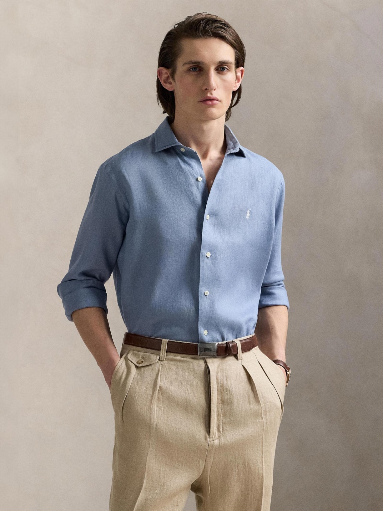 Camisa Masculina Manga Longa Custom Fit Linen Azul Polo Ralph Lauren