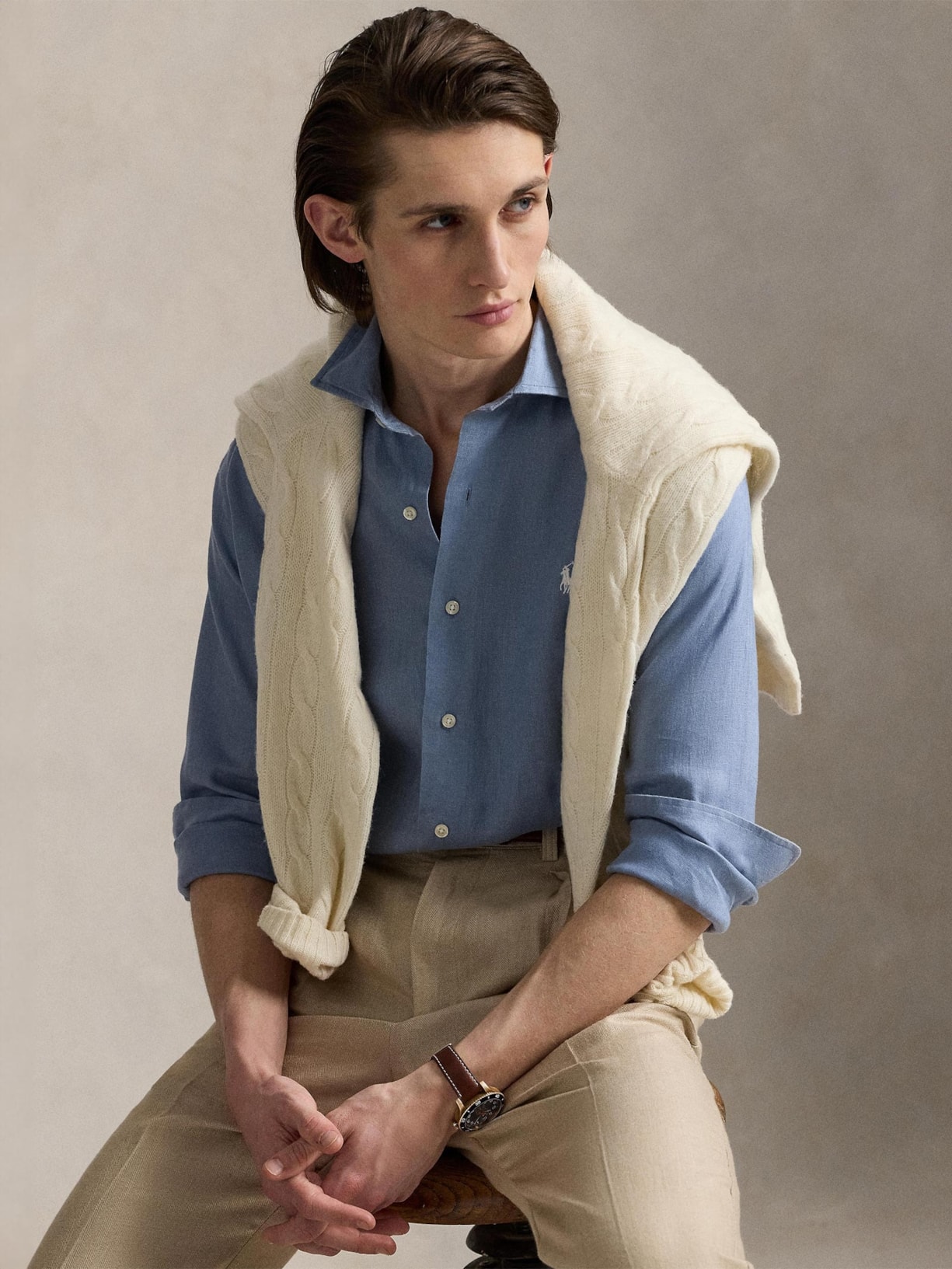 Camisa Masculina Manga Longa Custom Fit Linen Azul Polo Ralph Lauren