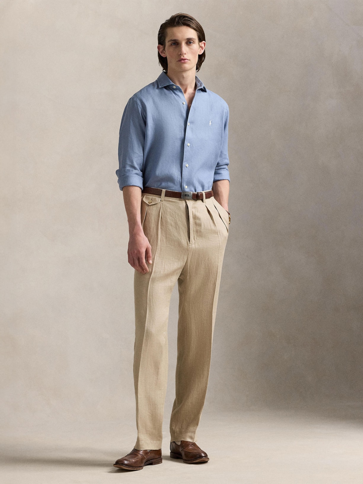 Camisa Masculina Manga Longa Custom Fit Linen Azul Polo Ralph Lauren