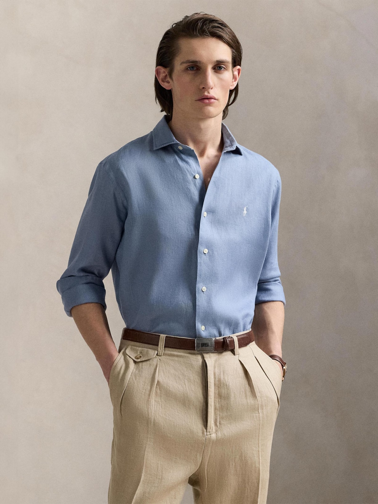 Camisa Masculina Manga Longa Custom Fit Linen Azul Polo Ralph Lauren