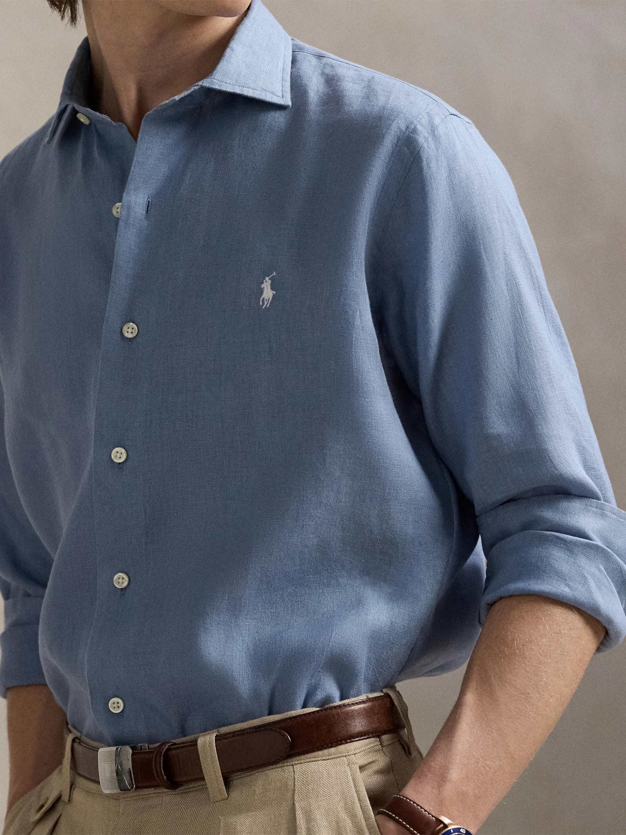 Camisa Masculina Manga Longa Custom Fit Linen Azul Polo Ralph Lauren