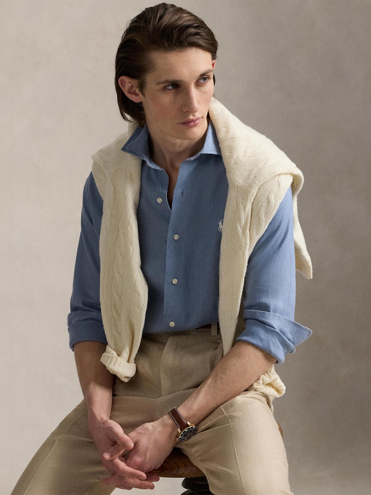 Camisa Masculina Manga Longa Custom Fit Linen Azul Polo Ralph Lauren
