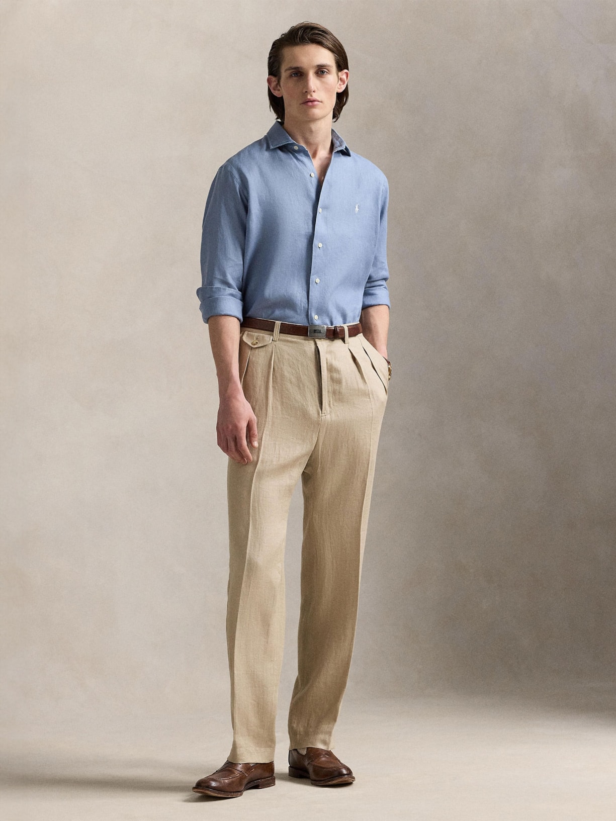 Camisa Masculina Manga Longa Custom Fit Linen Azul Polo Ralph Lauren